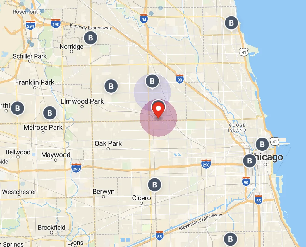 Urban Chicago, near Logan Square. Tighter circles, roughly a mile in radius, set inside a dense lattice of other Burlington stores within 2 to 3 miles. Urban radius compresses.