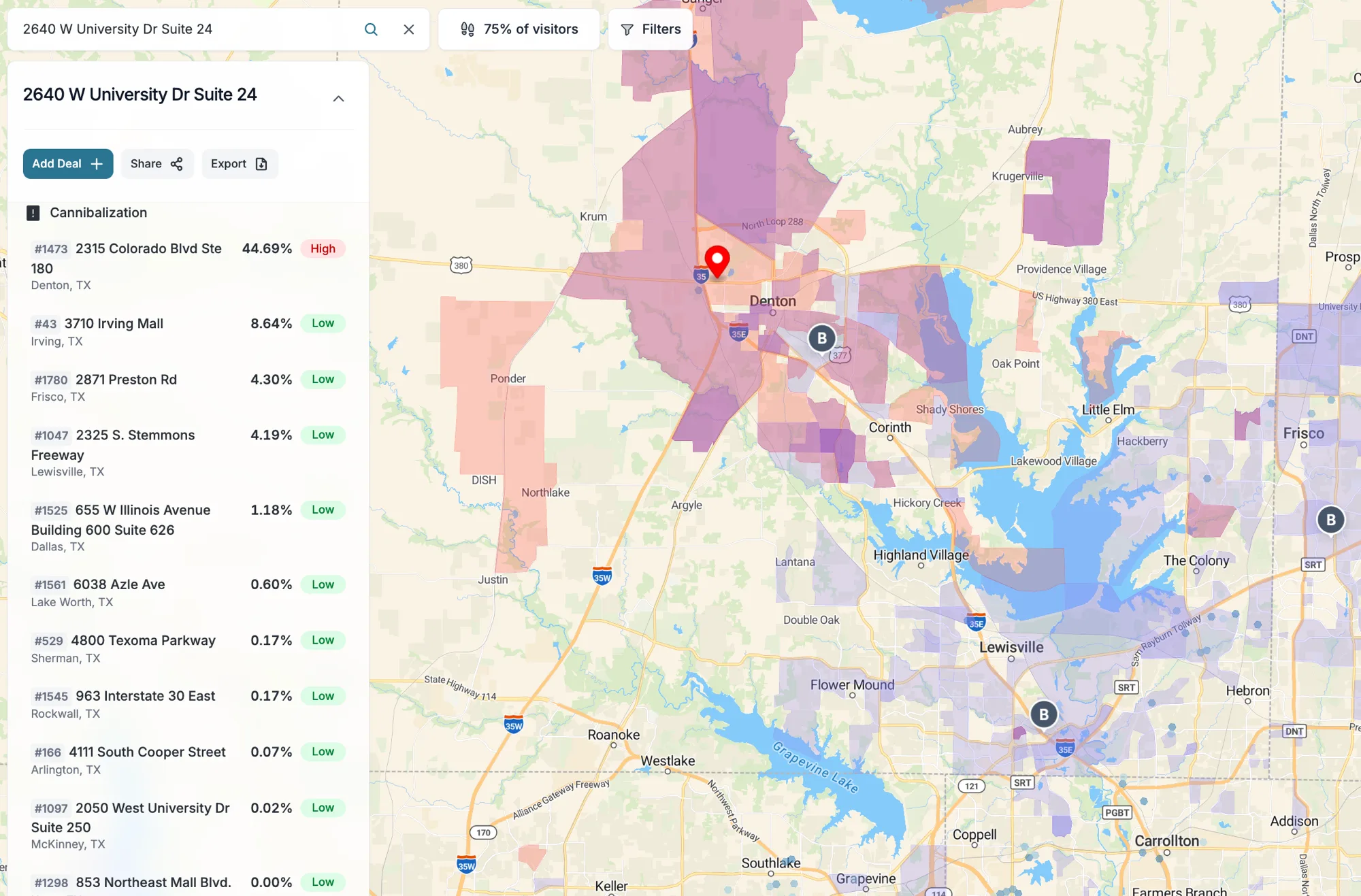 Denton, TX. The new Burlington at 2640 W University Dr (red pin) overlaps the existing Denton Burlington at 2315 Colorado Blvd by 44.69 percent. The two stores share most of their foot-traffic trade zone. Each colored polygon is an existing Burlington trade zone in the DFW metro.