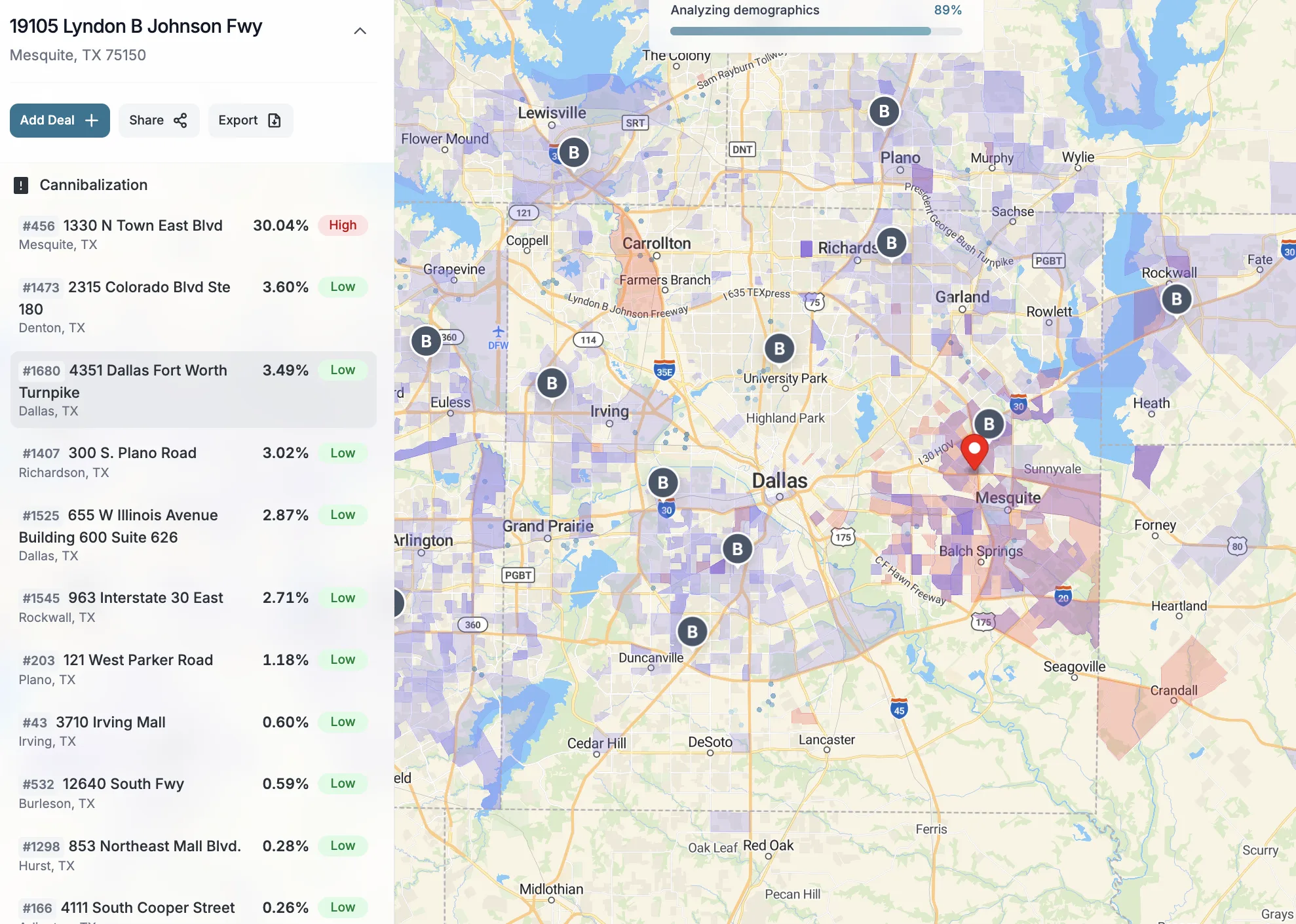 Mesquite, TX. The new conversion on LBJ Freeway overlaps the existing Mesquite Burlington on N Town East Blvd by 30.04 percent, with another half-dozen DFW Burlington trade zones inside the broader catchment.