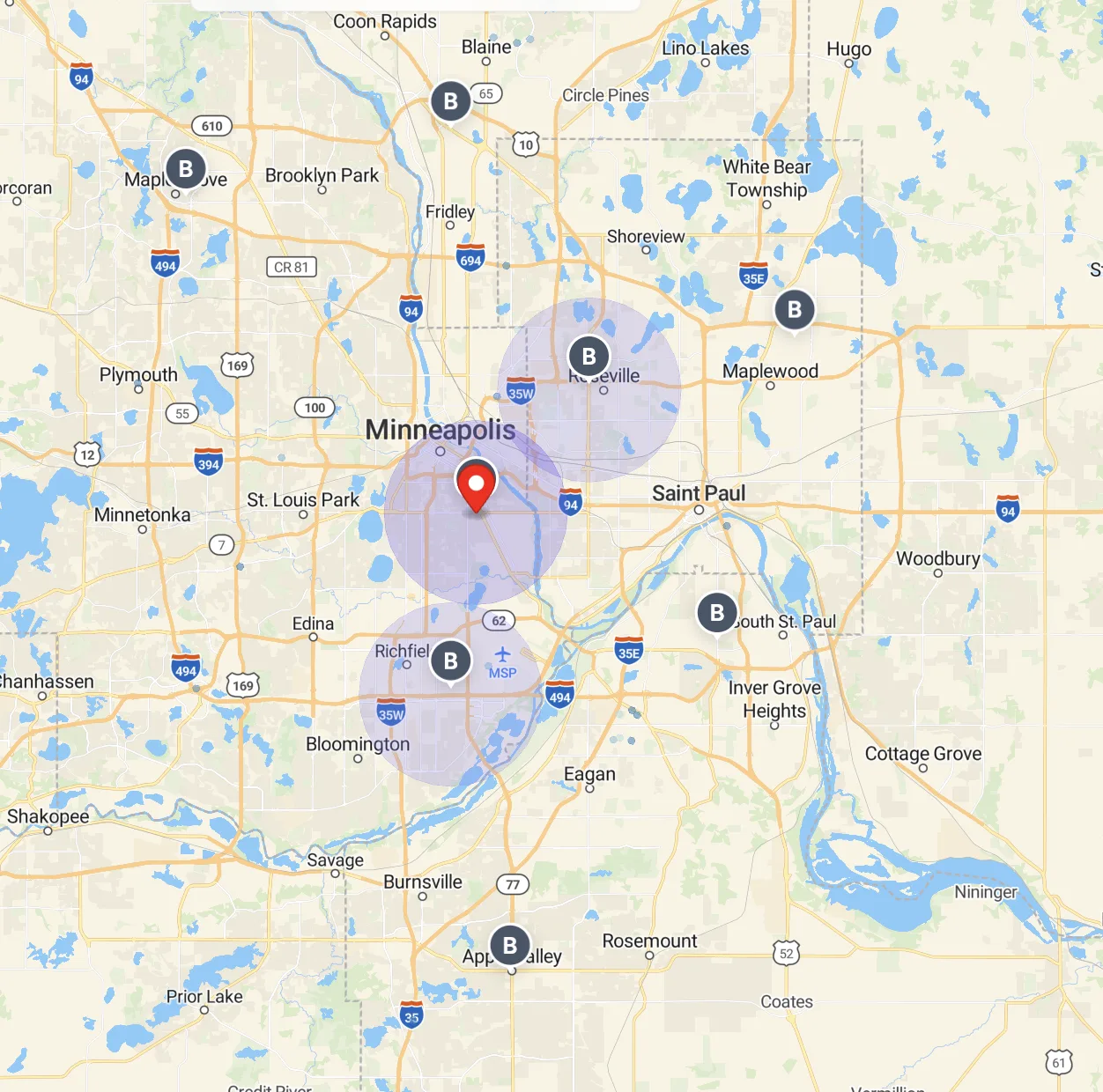 Minneapolis. Two Burlington locations with what look like 3-mile circular trade zones, overlapping cleanly inside the metro core.
