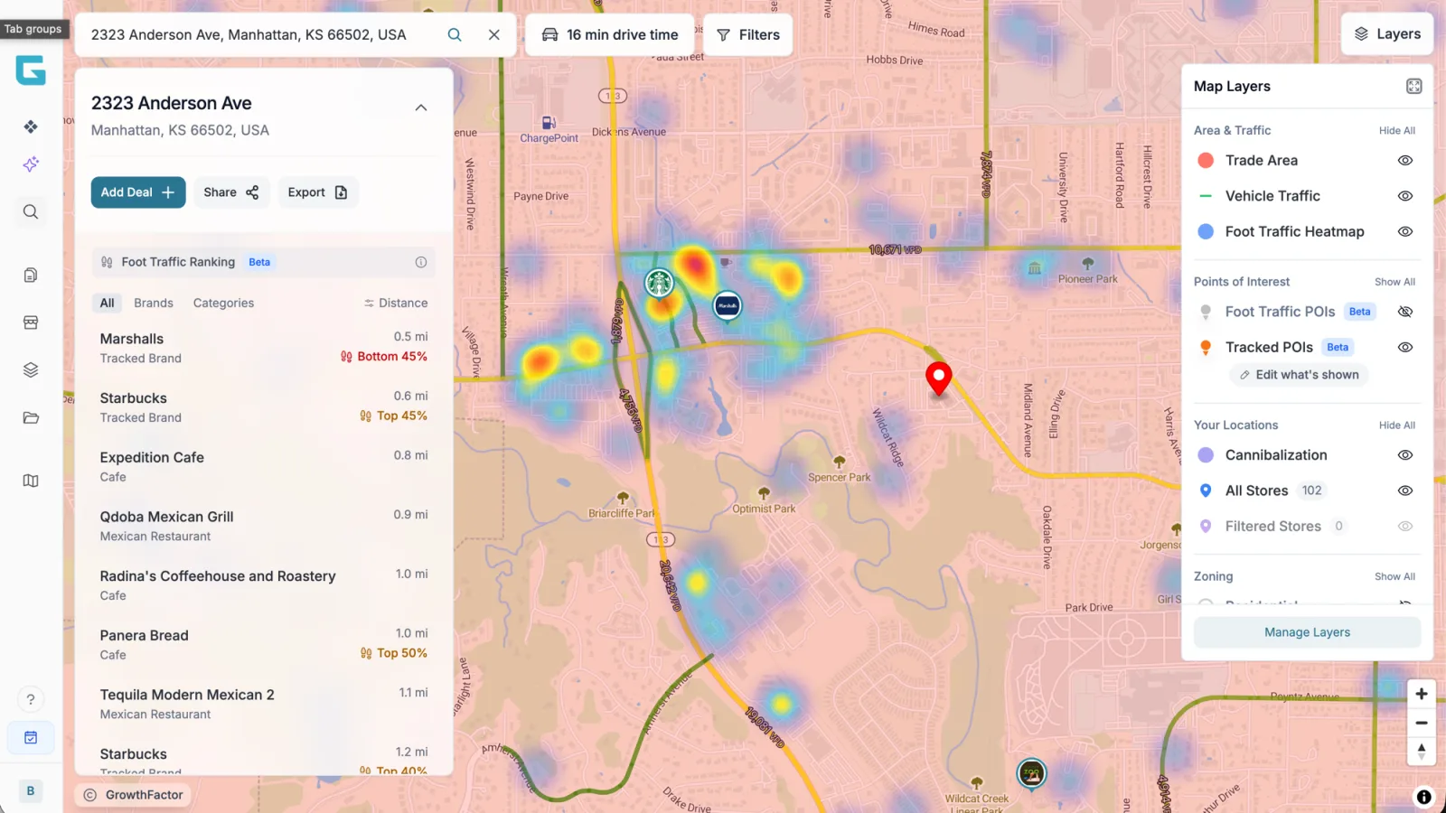 The Map Layers panel open over the live map: trade area, vehicle traffic, foot-traffic heatmap, and tracked-POI layers toggled on, beside a ranked foot-traffic list of nearby brands like Marshalls and Starbucks.