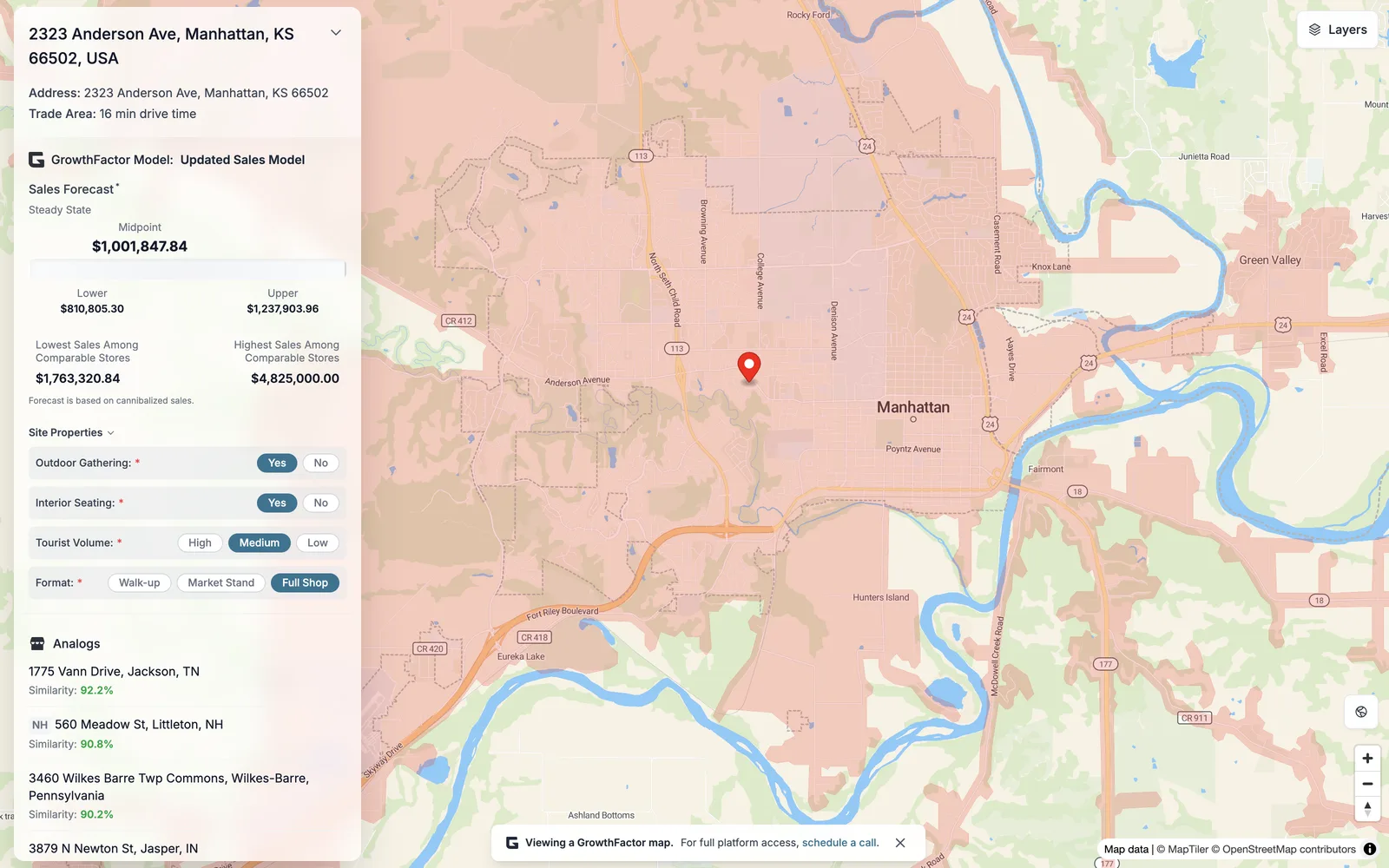 The shared-map view a client opens in the browser: forecast, analogs, and site properties beside the live map, with no account required.