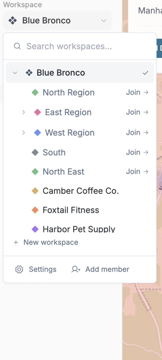 The workspace switcher with per-client workspaces: Camber Coffee Co., Foxtail Fitness, and Harbor Pet Supply under the Blue Bronco org.
