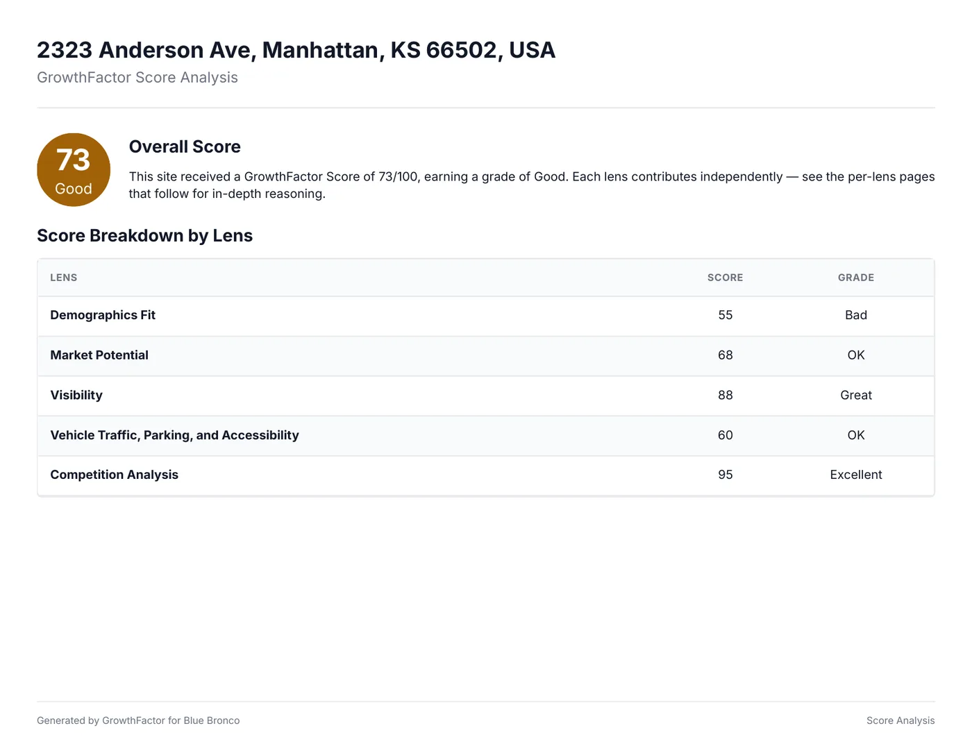 Score-analysis page: overall score 73 with a per-lens table — Demographics Fit 55, Market Potential 68, Visibility 88, Vehicle Traffic 60, Competition 95.
