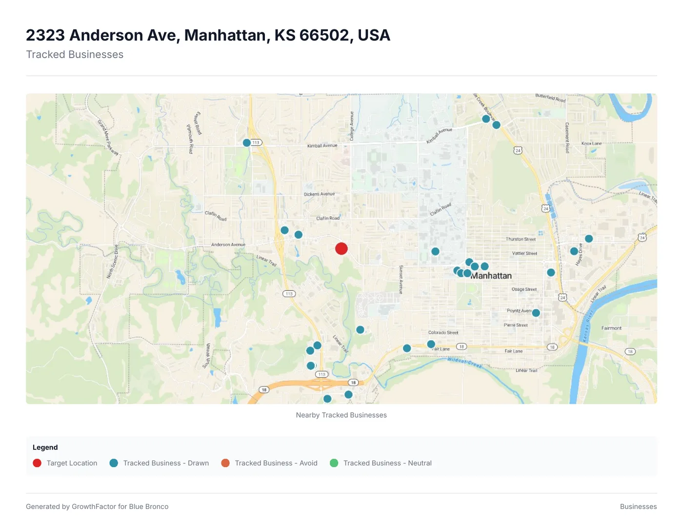 Tracked-businesses page: a map of nearby tracked brands around the target location.