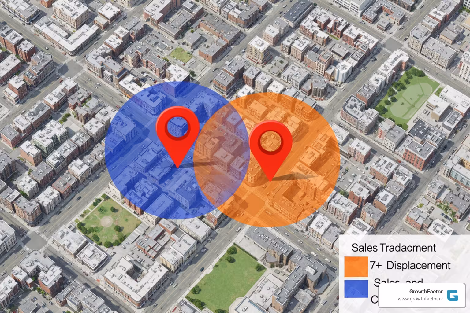Map showing two retail locations with overlapping trade area circles representing sales displacement - How to calculate