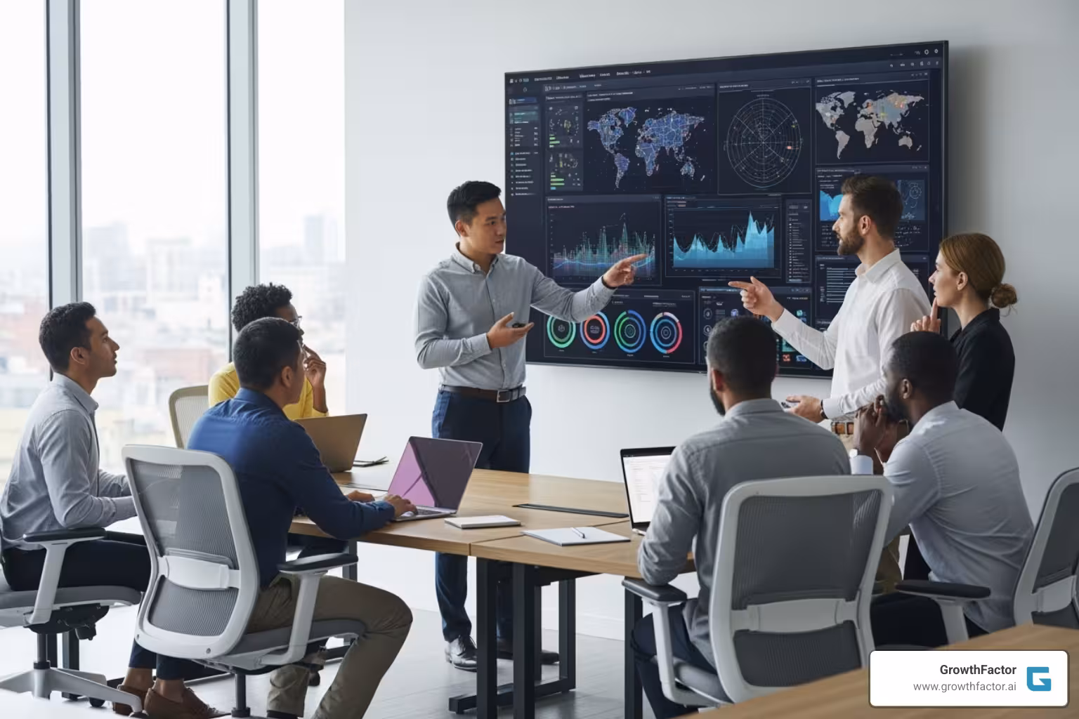 A team collaborating around a screen with complex data visualizations - AI driven analytics