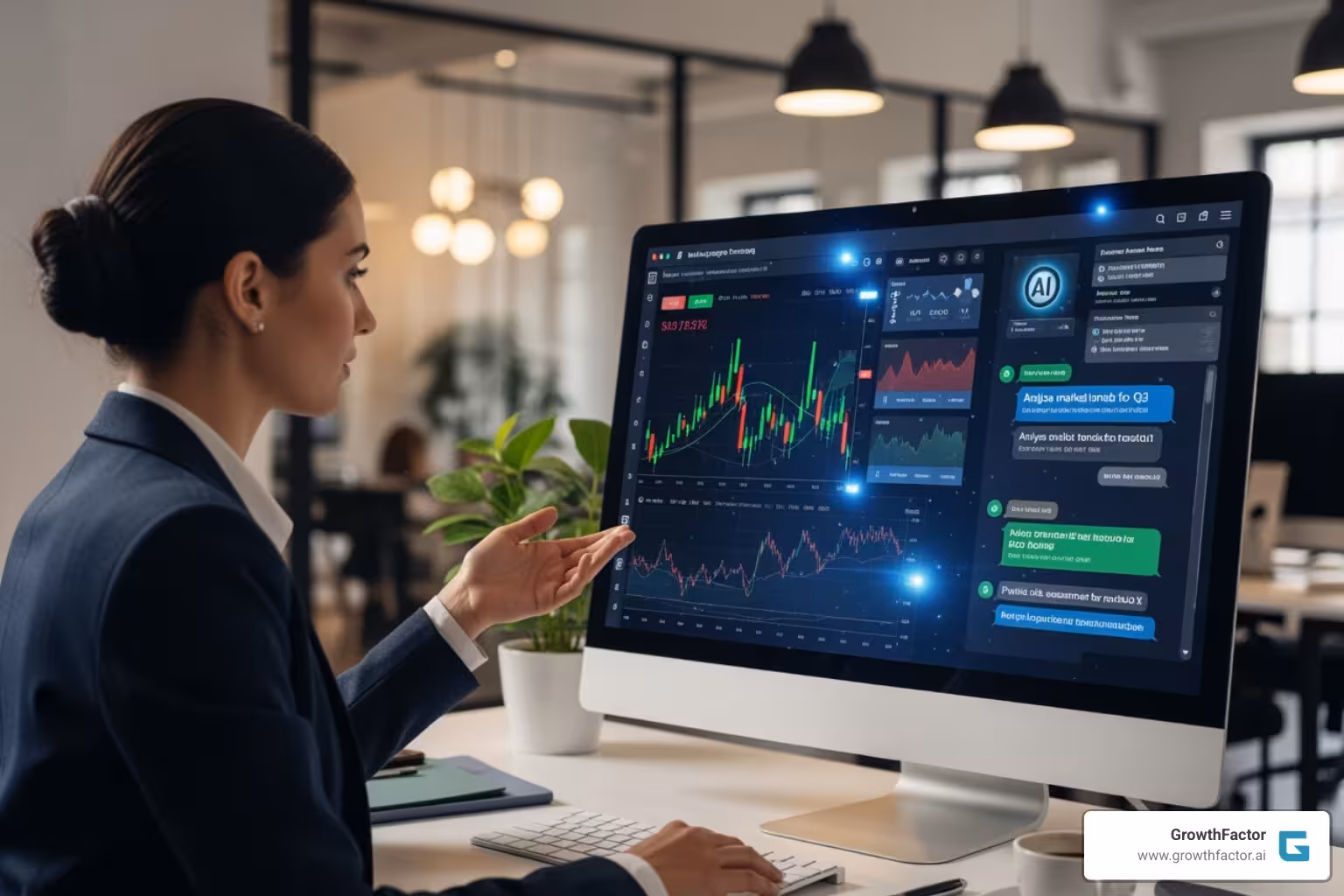 A user interacting with a sophisticated AI chatbot for financial analysis - AI for asset managers