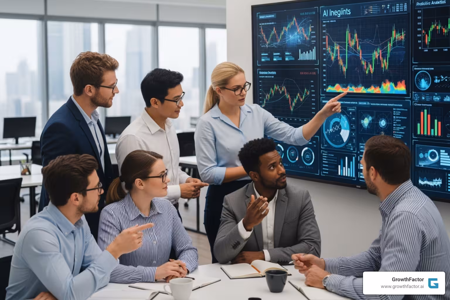 A diverse team of asset managers collaborating around a screen showing AI insights - AI for asset managers