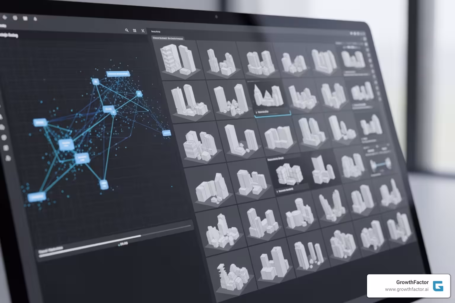 Generative design software iterating through multiple building layouts on a screen - AI for property development
