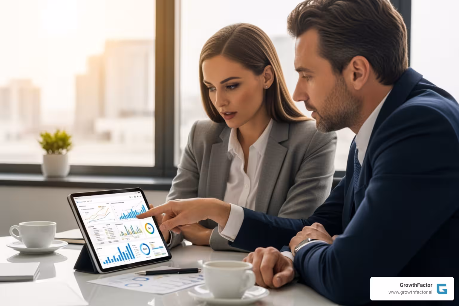 real estate agent and an investor collaborating over a tablet showing AI-driven charts - AI real estate market analysis