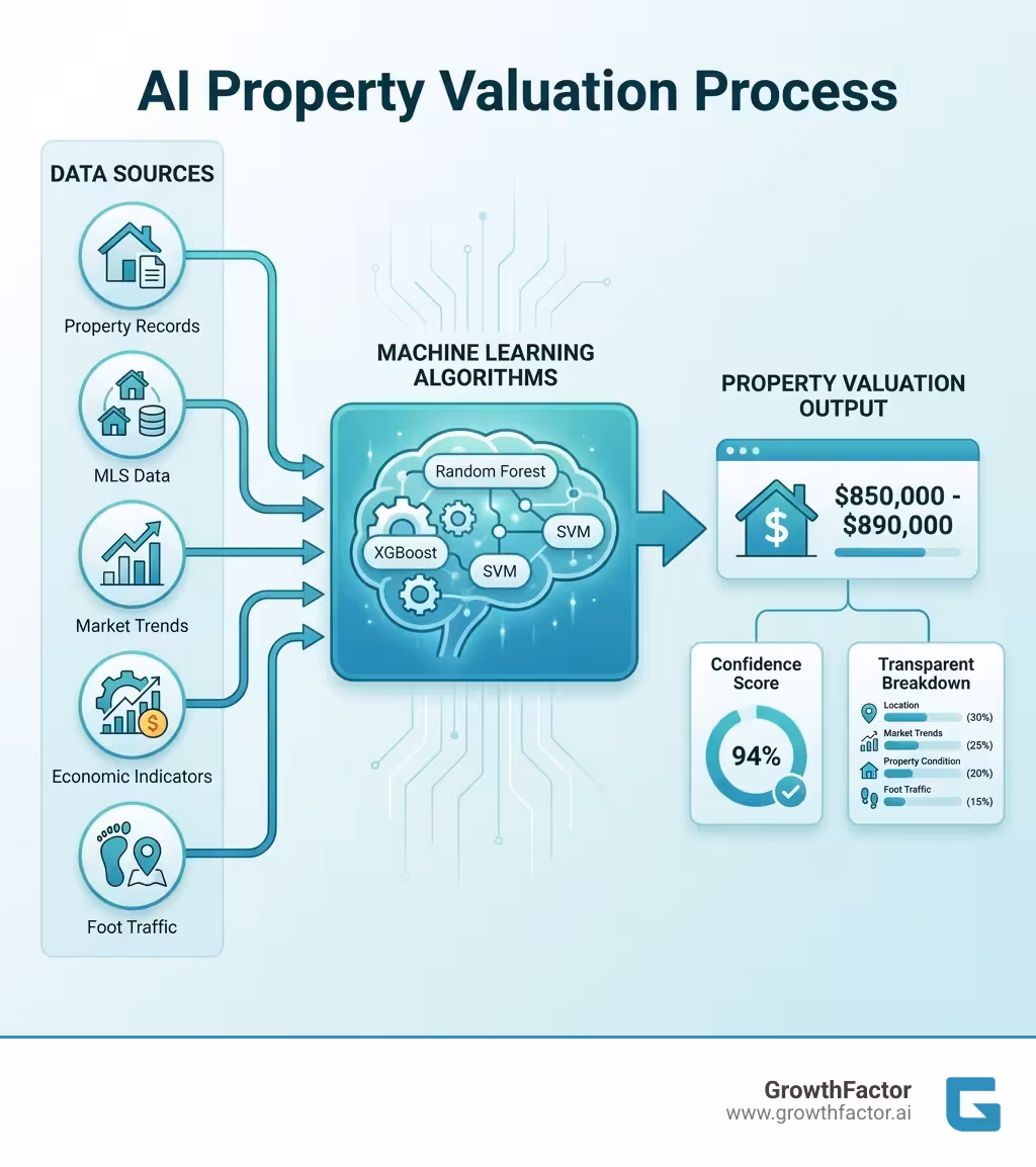 Infographic showing how AI property valuation works: data sources (property records, MLS data, market trends, economic indicators, foot traffic) flow into machine learning algorithms (Random Forest, XGBoost, SVM), which produce a property valuation with confidence score and transparent breakdown of factors influencing the price - AI property valuation infographic 