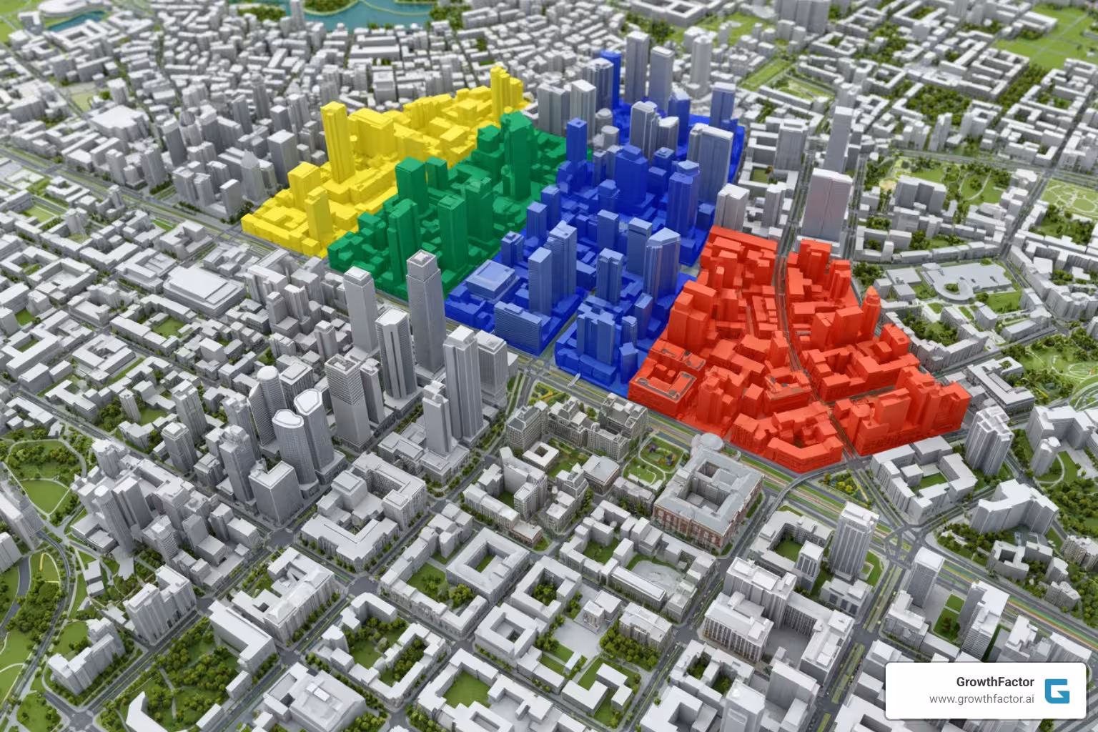 3D urban model with highlighted zones for development potential - AI site analysis