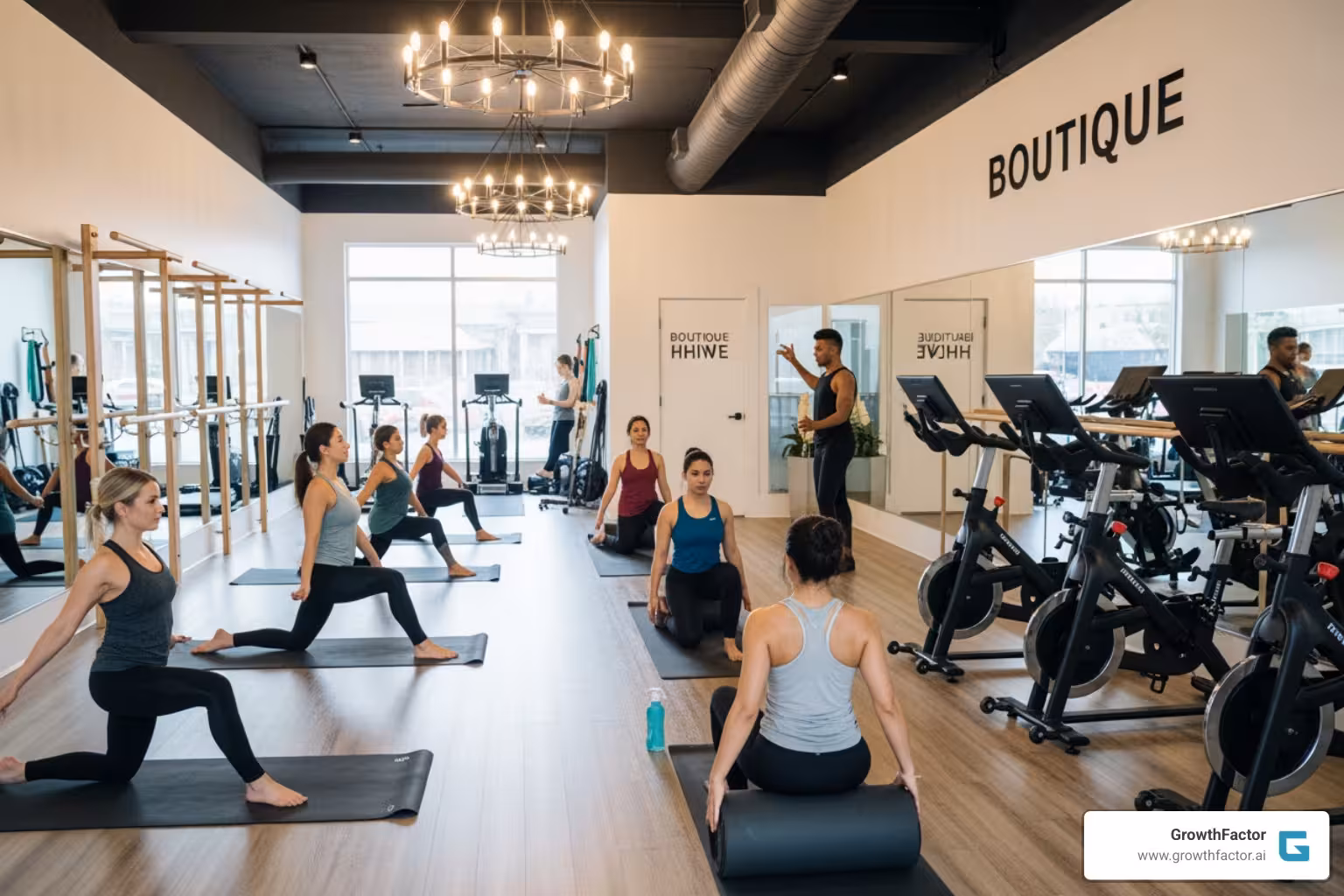 A person performing a Pilates exercise on a reformer machine in a modern studio - Boutique fitness franchise