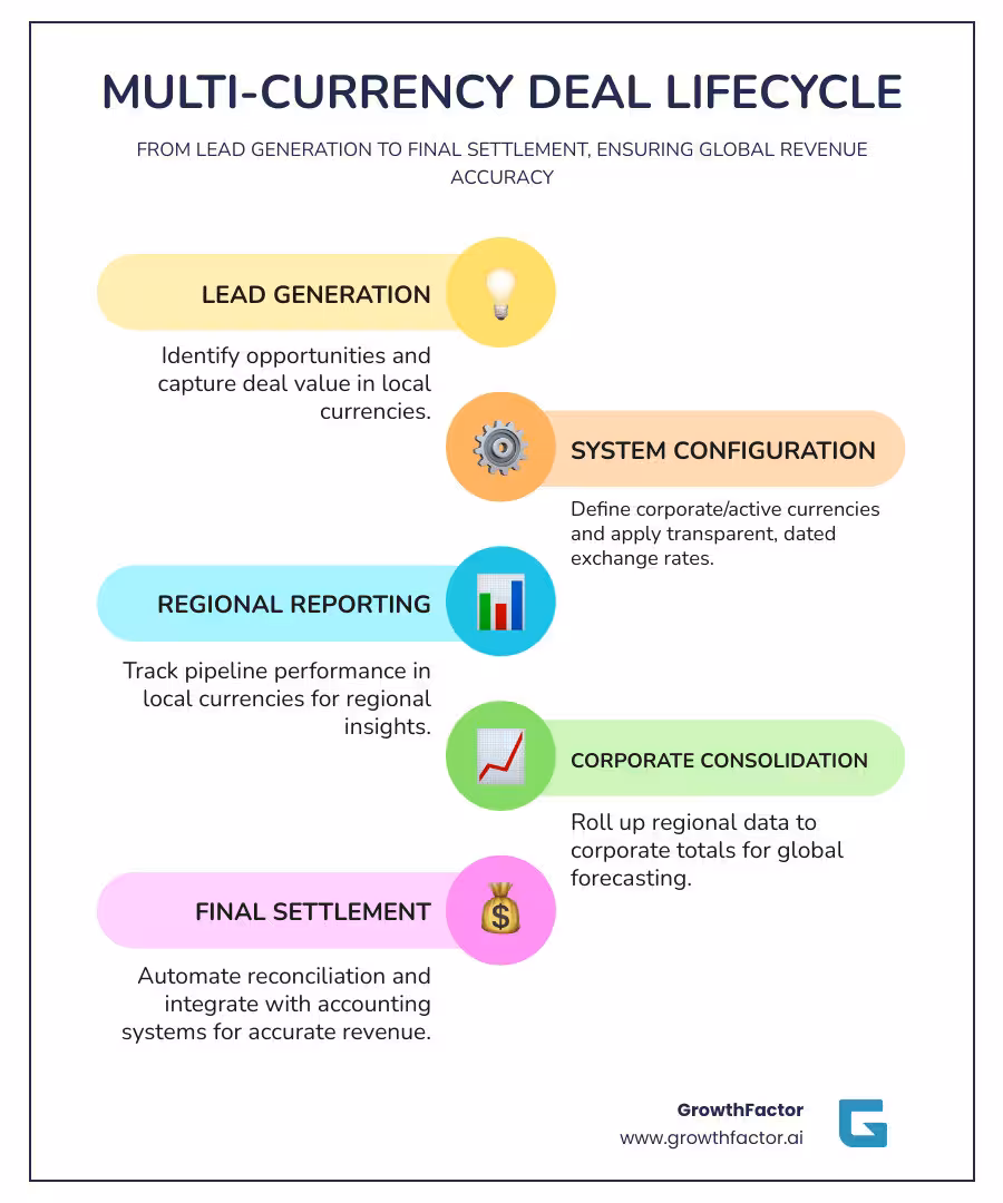 infographic showing multi-currency deal lifecycle from lead generation through currency selection, conversion rate application, regional reporting, corporate consolidation, and final settlement with accounting integration - best practices for managing multi-currency deal pipelines infographic infographic-line-5-steps-colors
