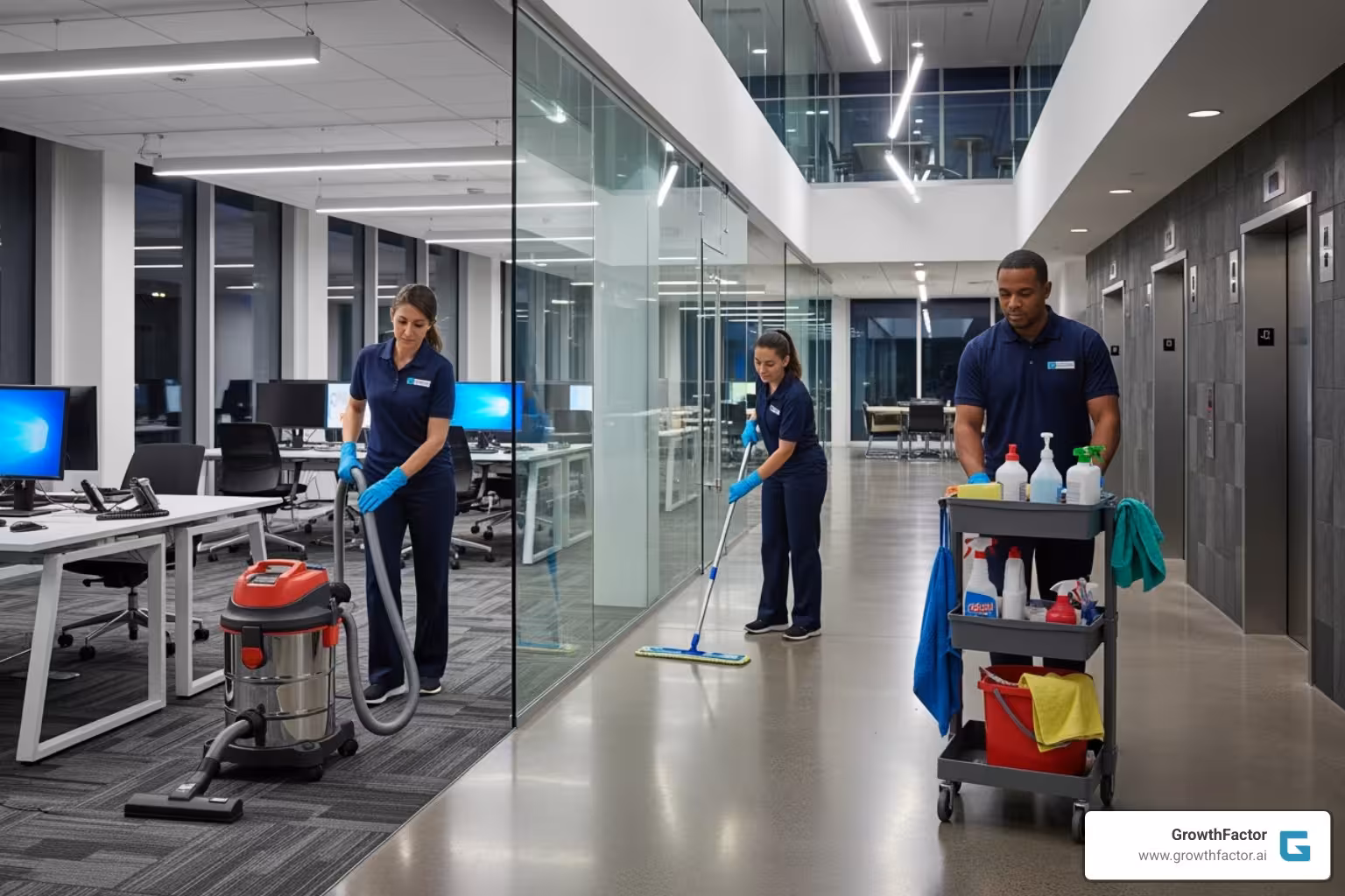 Professional cleaning crew working in a modern office building