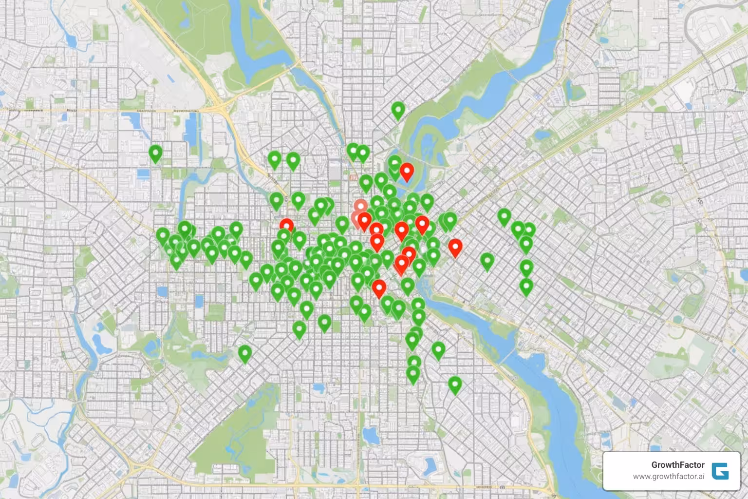 Map highlighting optimal store locations and cannibalization risk