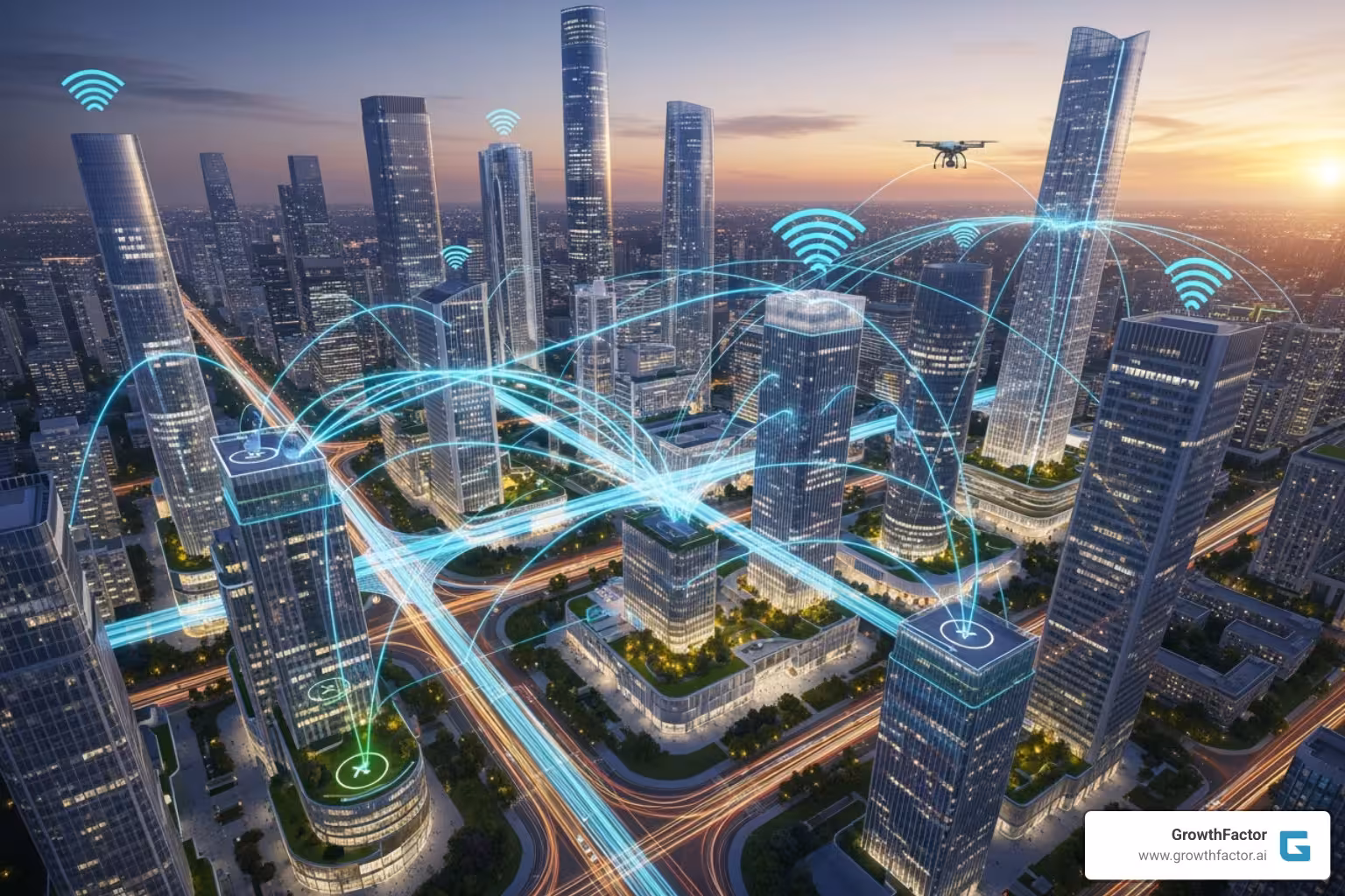 Smart city with data streams connecting buildings, representing advanced real estate automation and IoT integration - commercial real estate automation
