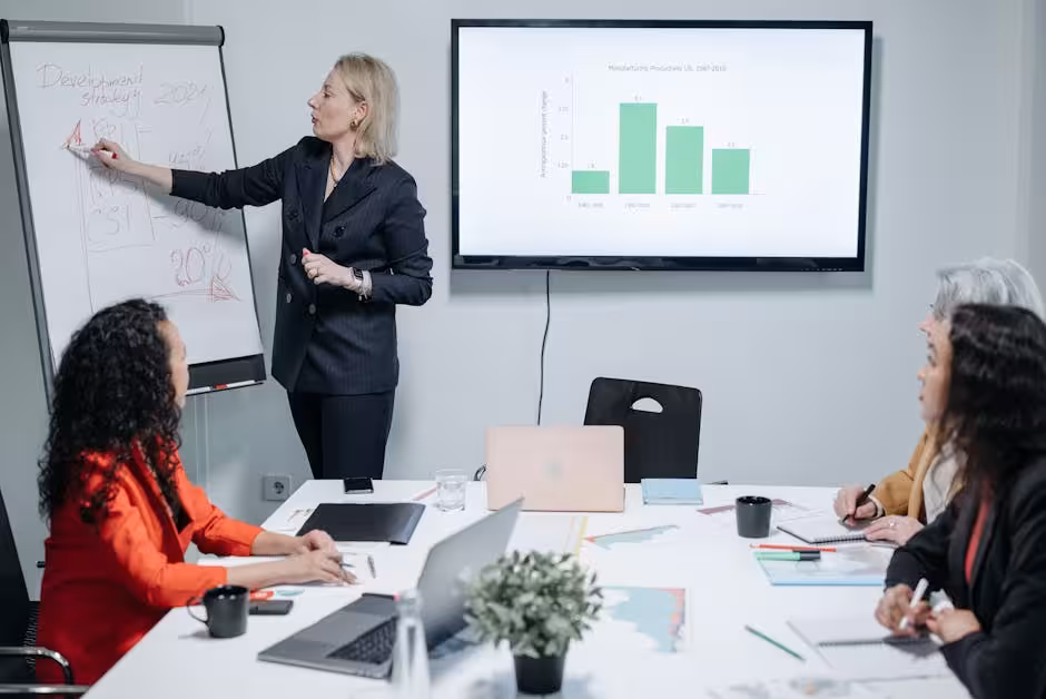 Team collaborating around a screen showing AI analytics - commercial real estate ai asset management software