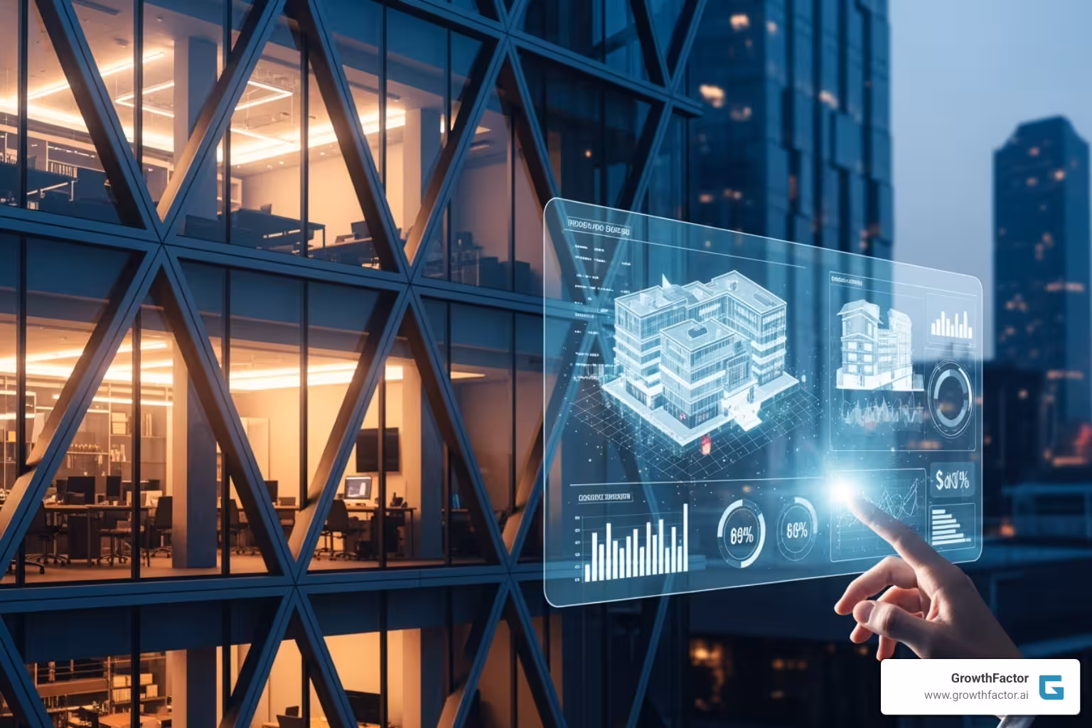 A sleek data analytics dashboard displaying various property metrics, charts, and predictive models, with a focus on commercial real estate data - Commercial real estate tech