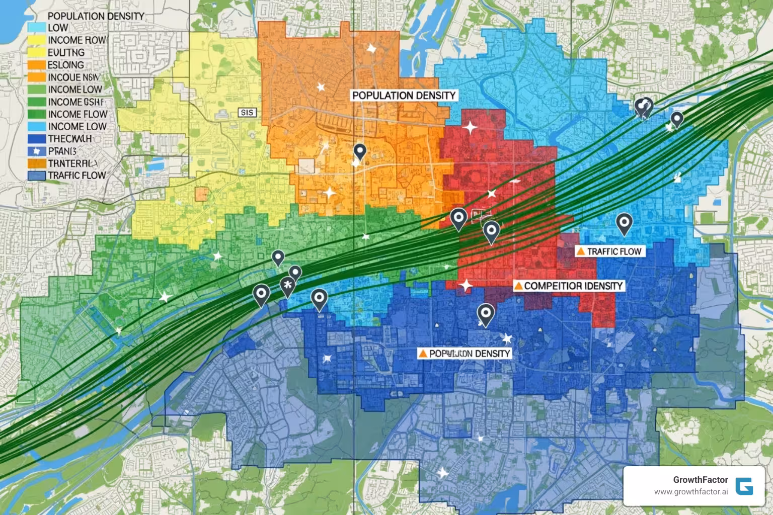 GIS map showing various data layers like population density, income levels, traffic routes, competitor locations, and points of interest - Data driven site selection