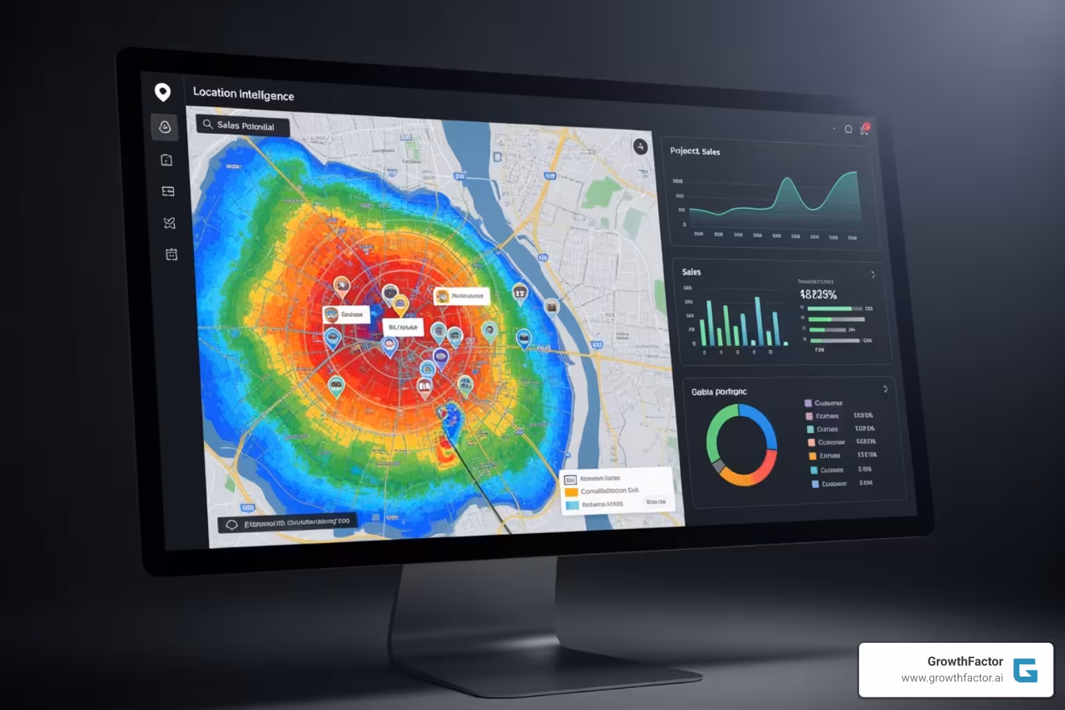 Location intelligence dashboard showing predictive analytics, heatmaps of sales potential, and cannibalization risk assessments - Data driven site selection
