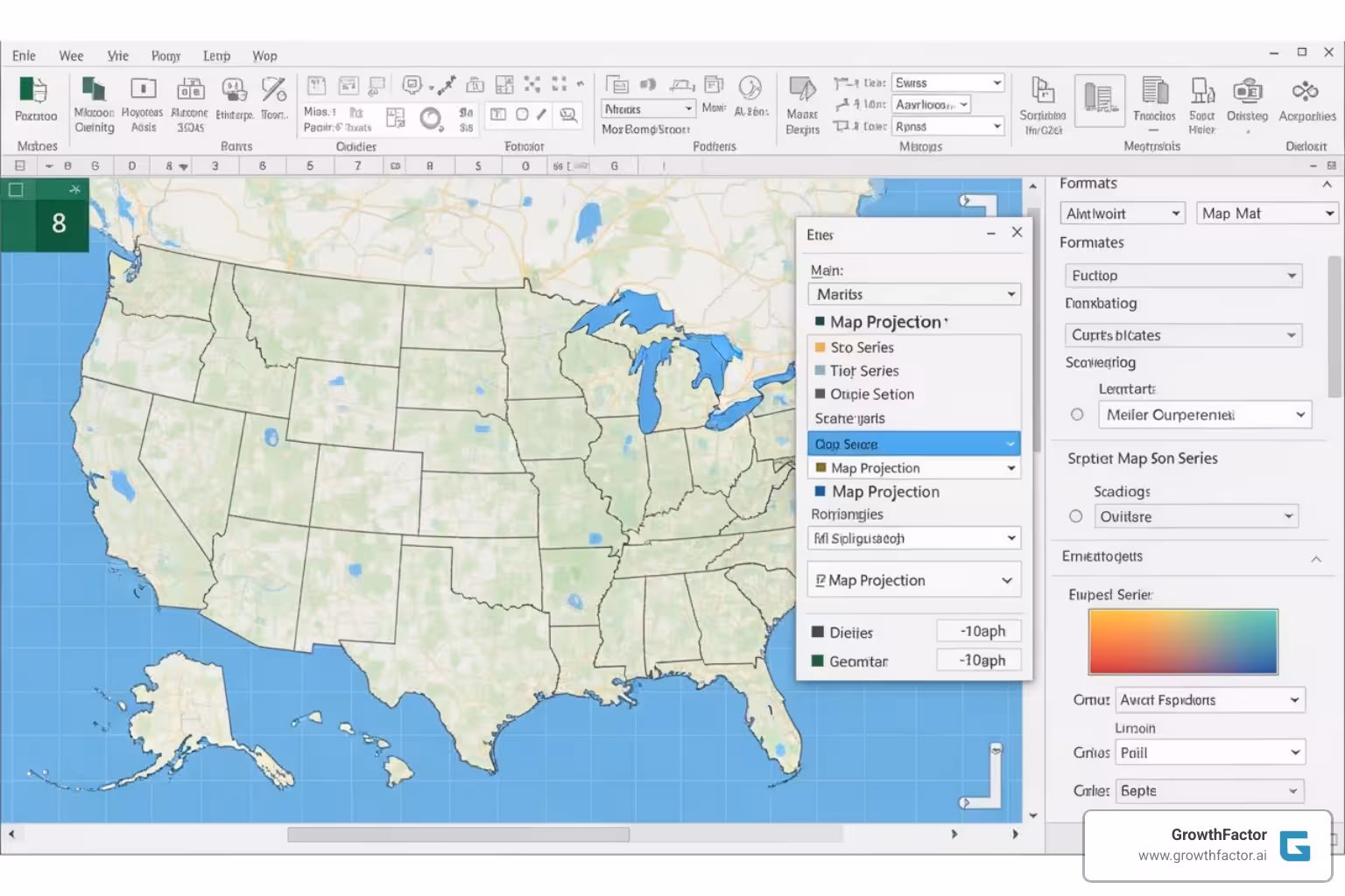 Format Data Series pane in Excel showing map projection and color options - how to create a territory map in excel