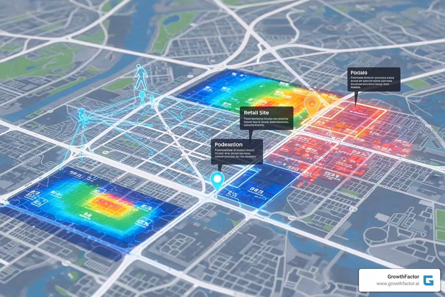 map showing ideal site locations with data overlays - Foot traffic analysis?