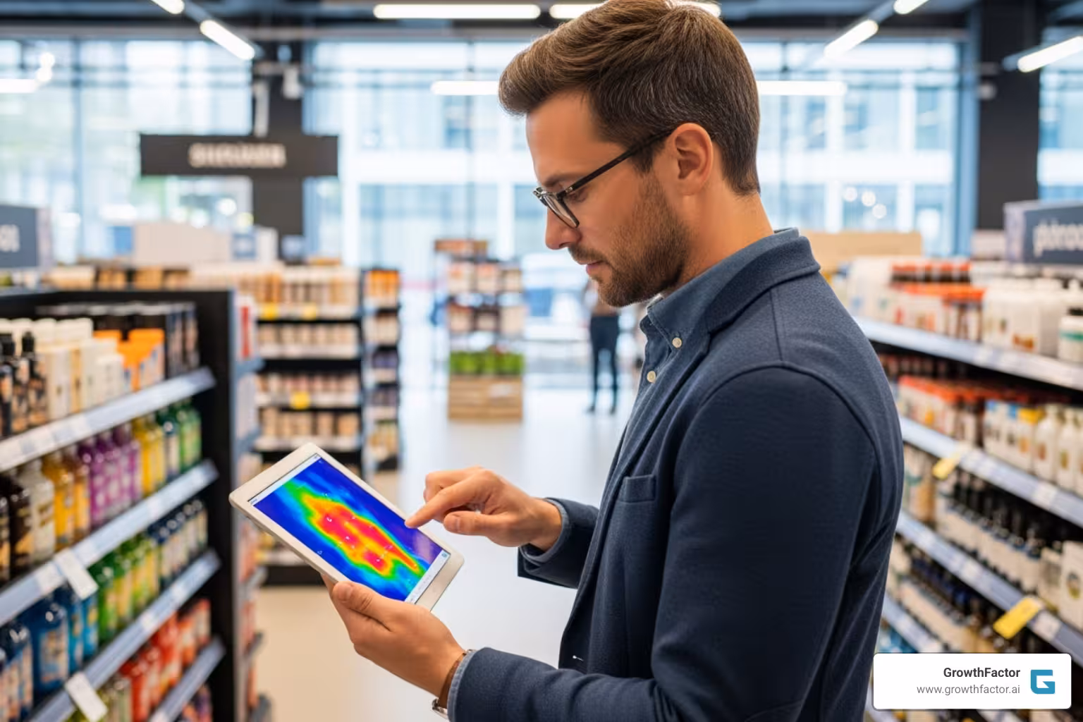 analyst reviewing a heat map of a retail store on a tablet - Foot traffic analysis?