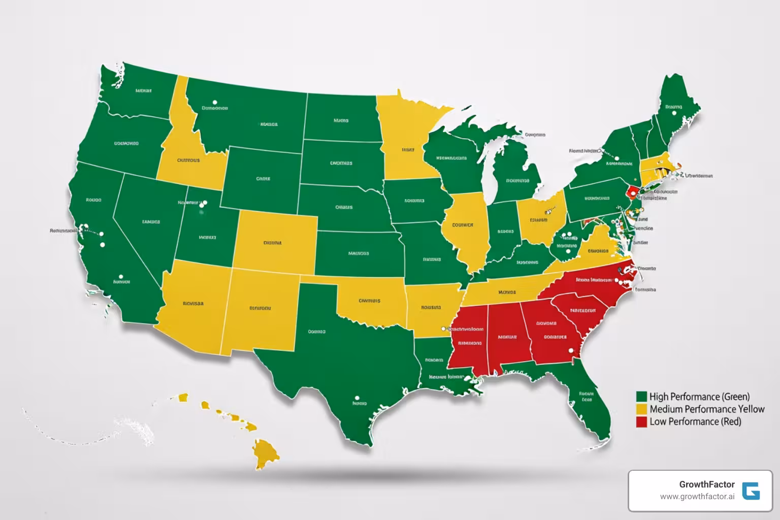 Map with color-coded franchise territories indicating performance levels - franchise analytics platform to track unit economics