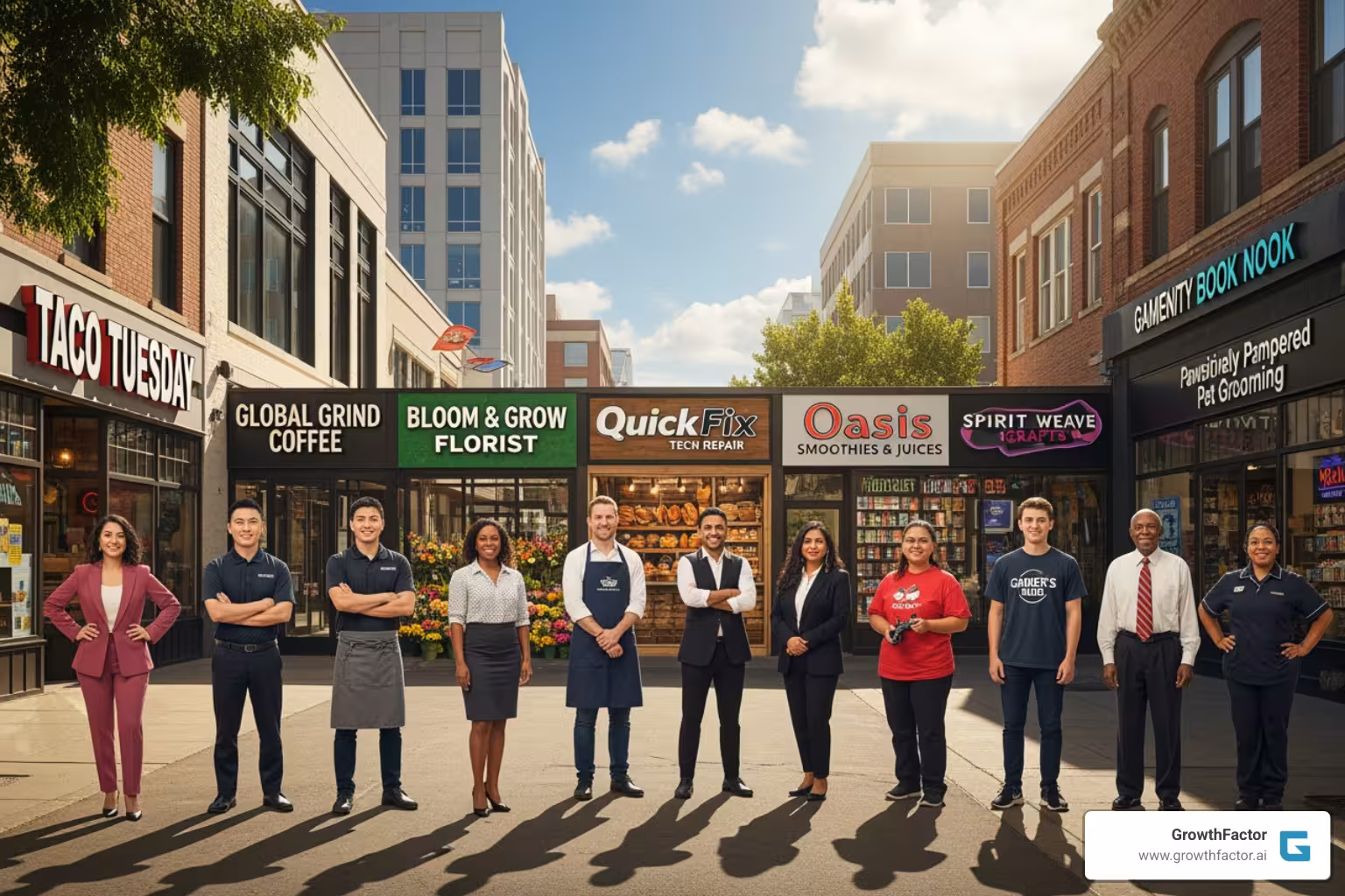 diverse group of happy business owners in front of their franchise storefronts