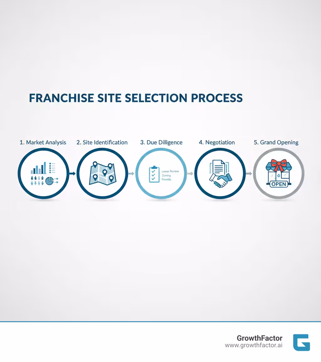 franchise site selection process infographic showing five stages: Market Analysis with demographic charts, Site Identification with map pins, Due Diligence with checklist, Negotiation with contract documents, and Grand Opening with storefront ribbon cutting - franchise site selection infographic 