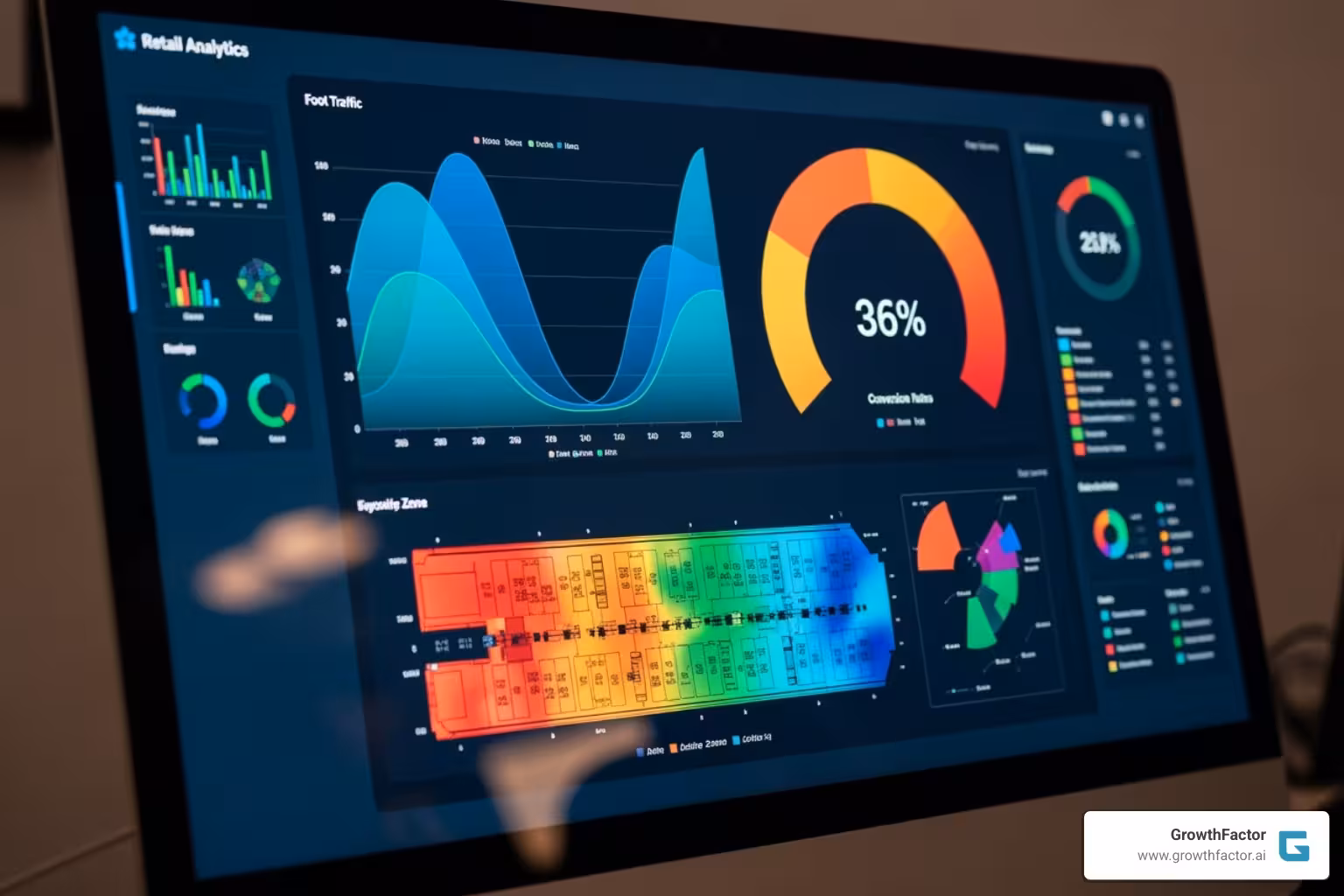 A retail analytics dashboard showing foot traffic data, conversion rates, and heatmaps - high foot traffic