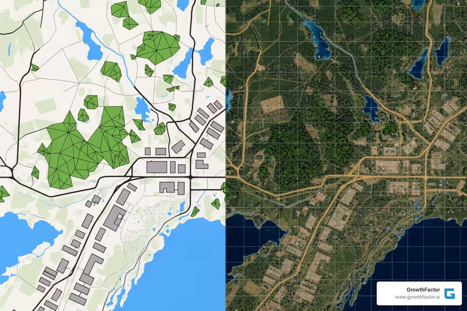 Side-by-side comparison of a landscape represented in both vector and raster data formats - Geographic information system