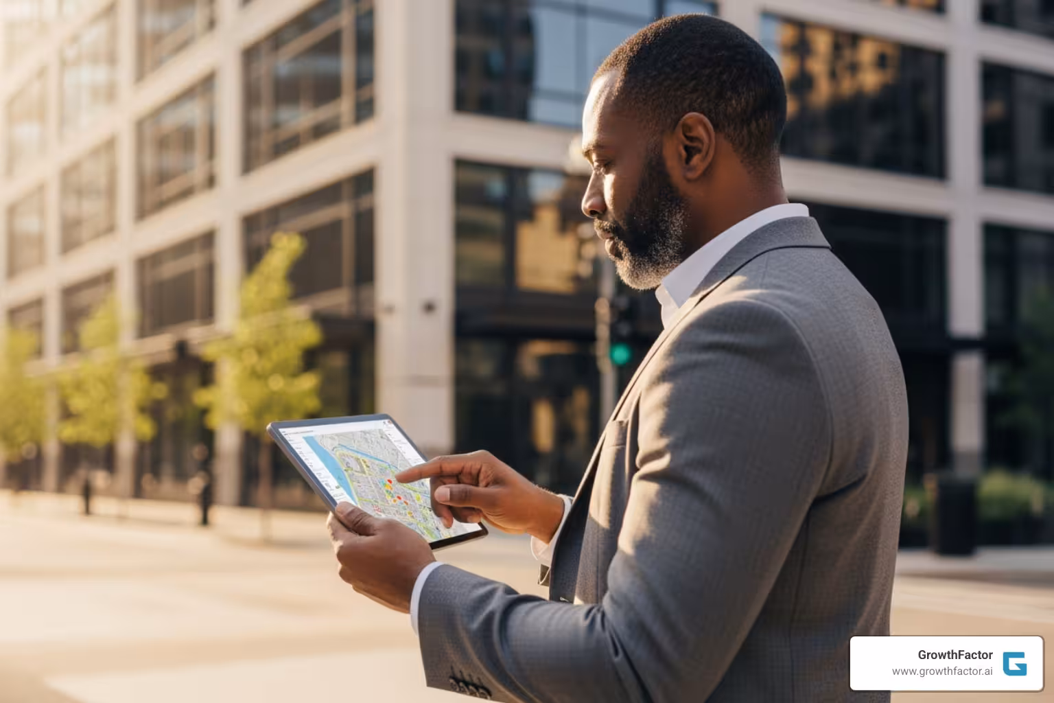 Real estate professional using a tablet with mapping software in front of a potential retail site - how to choose retail location