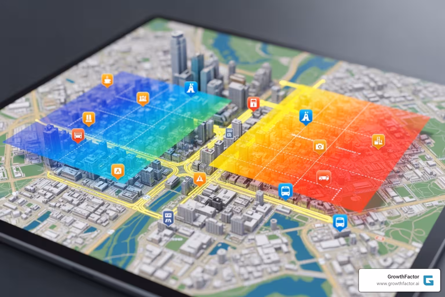 Image of a map showing different data layers like demographics, foot traffic, and points of interest - Location intelligence platform