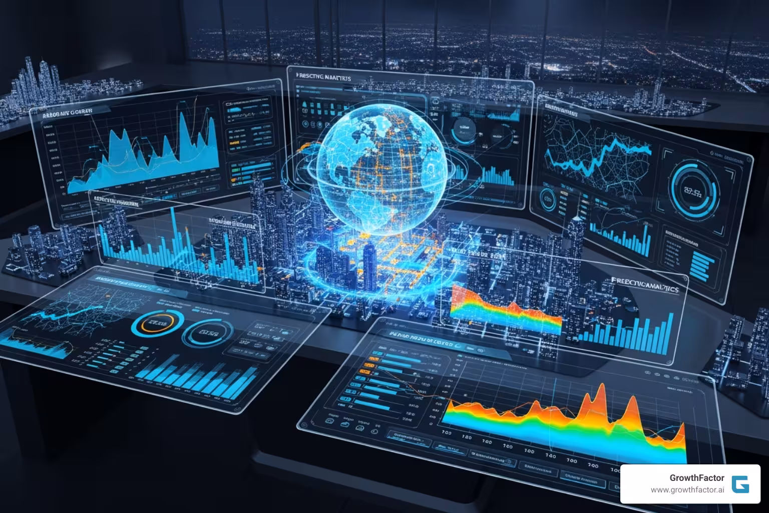 futuristic dashboard showing AI-driven predictive analytics for a city - Location intelligence for retail