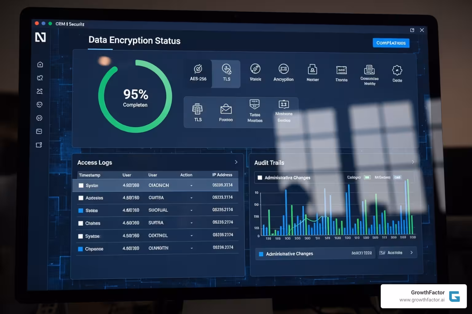 A CRM security and compliance feature dashboard showing data encryption status, access logs, and audit trails. - m&a deal management crm
