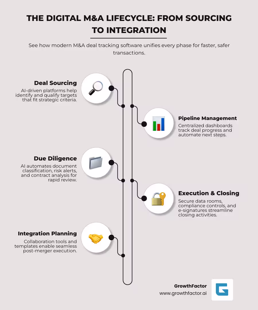 Digital M&A lifecycle showing integration between pipeline, due diligence, and post-merger phases - m&a deal tracking software infographic infographic-line-5-steps-neat_beige