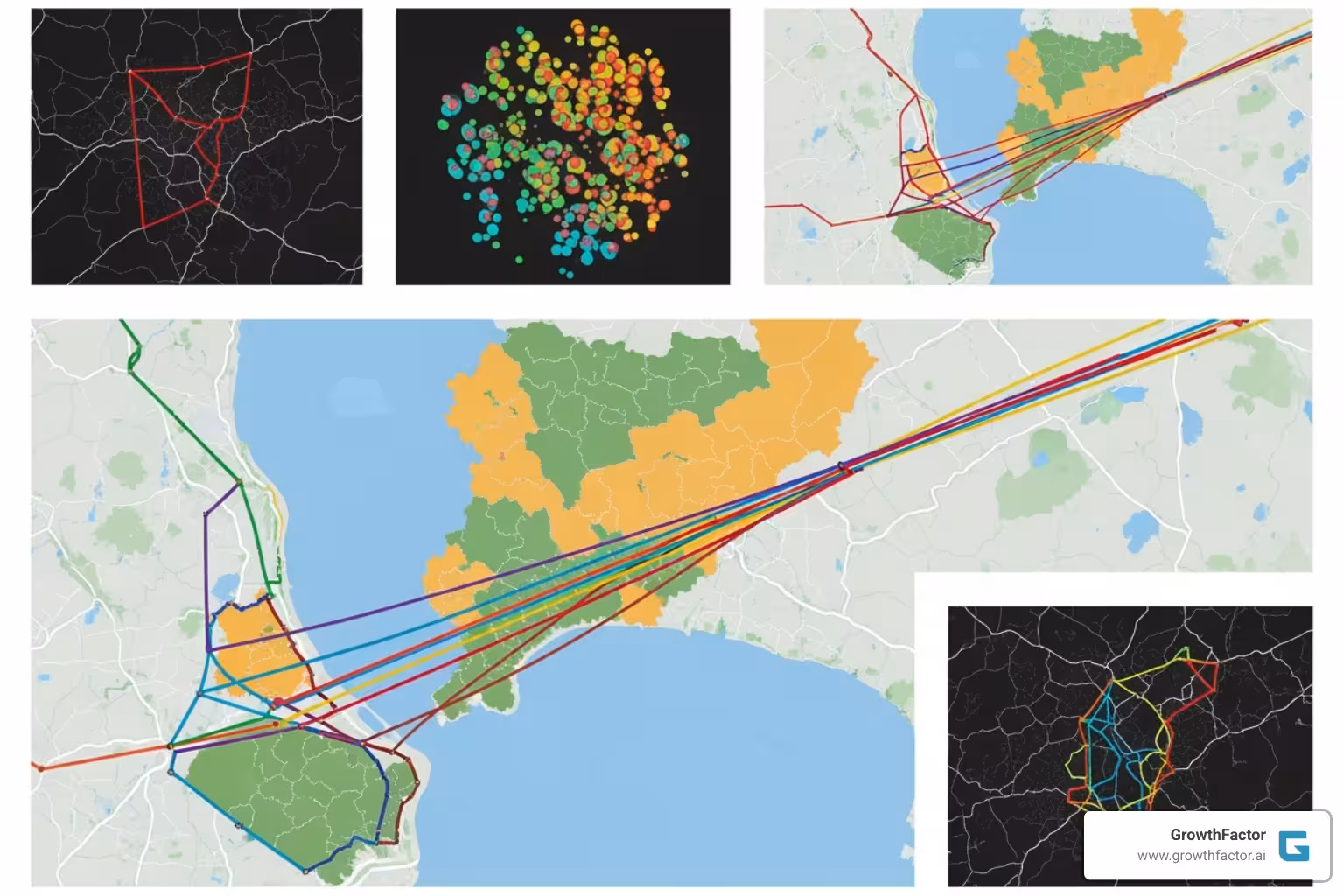 different types of map visualizations (e.g., cluster map, territory map, route optimization) - Location intelligence tools