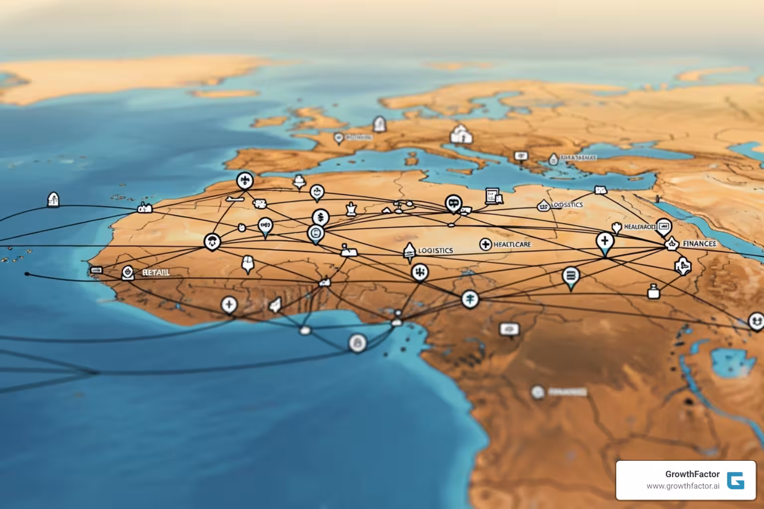 A map showing various industry icons like retail, logistics, healthcare, and finance, highlighting their interconnectedness through location intelligence - location intelligence software
