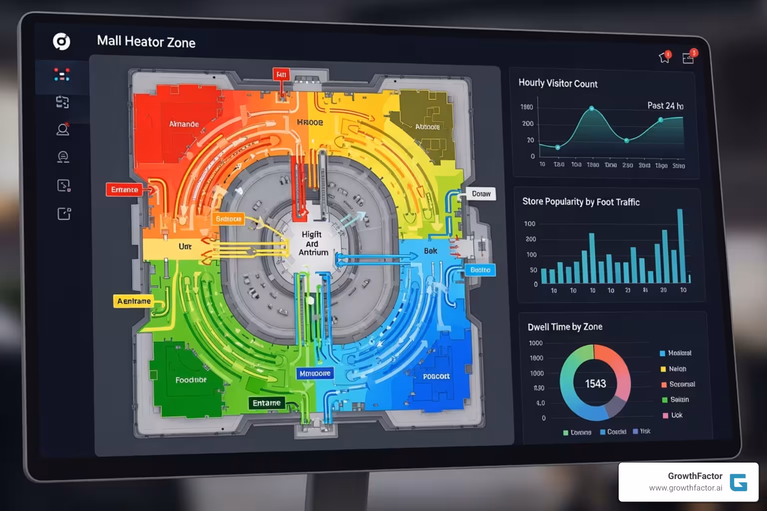 Dashboard showing mall heatmaps and visitor flow analytics, with data points for hot zones and traffic patterns - mall foot traffic data