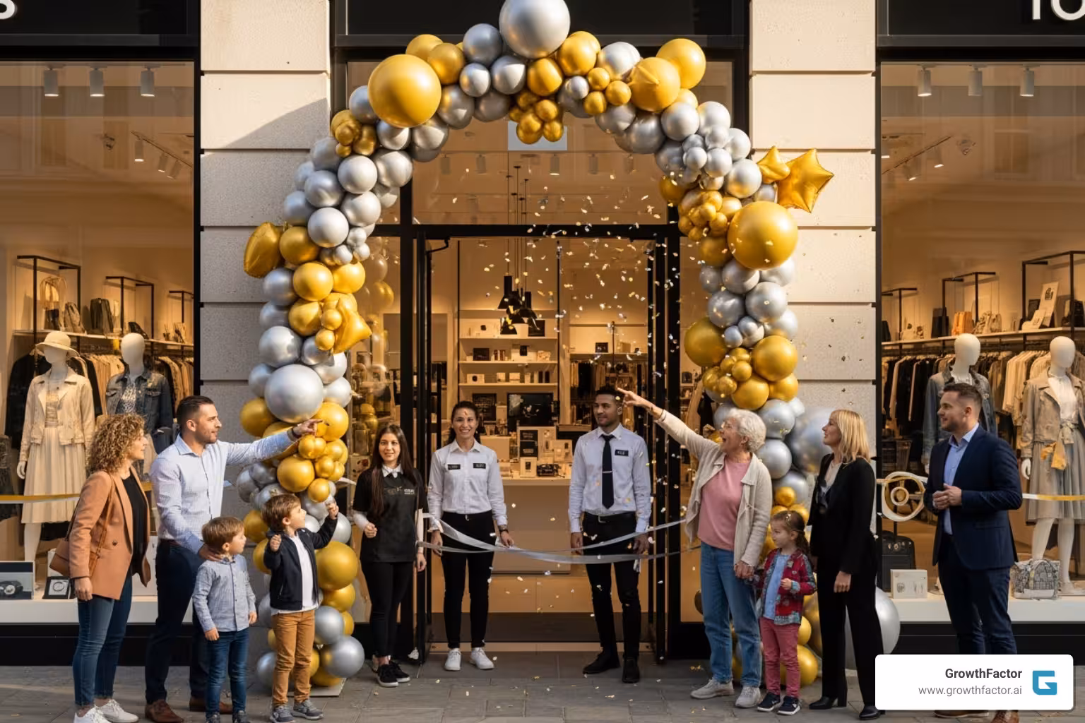 Image of a modern shopping center with a large department store and various smaller shops - new store opening