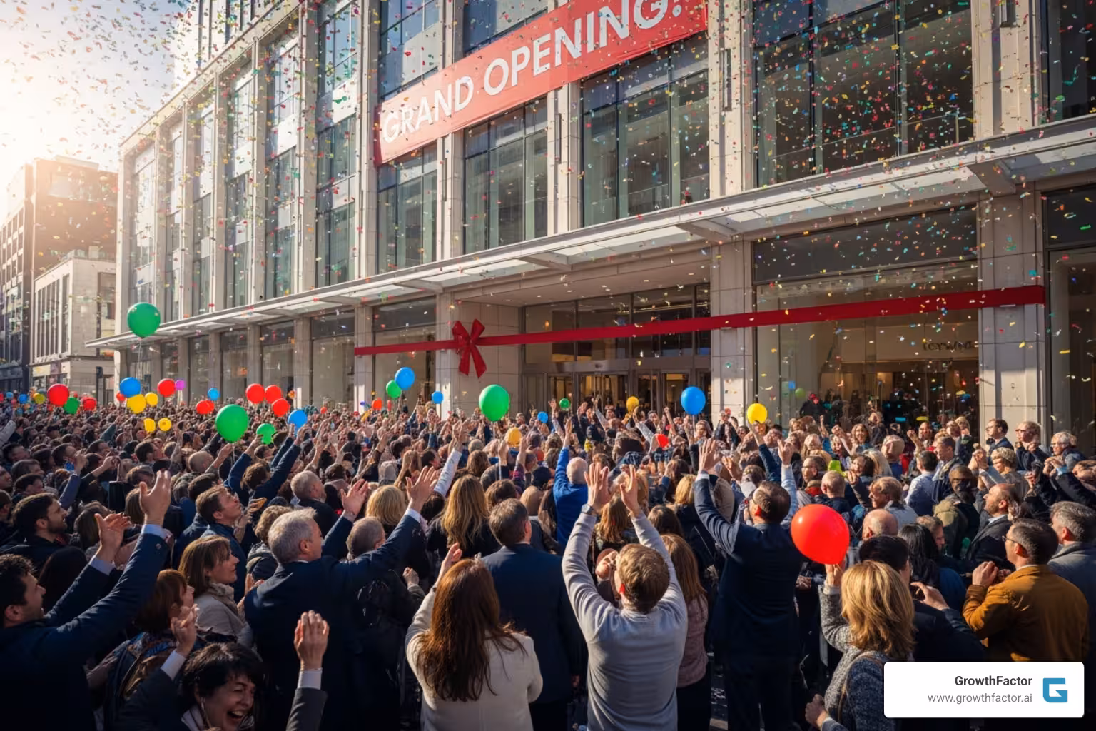 Image of a large, diverse crowd of people celebrating outside a new store opening, with balloons and confetti - new store opening