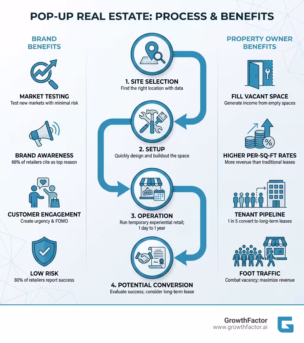 Infographic showing the pop-up real estate process: Brand benefits (market testing, brand awareness, customer engagement, low risk) on the left, Property Owner benefits (fill vacant space, higher per-square-foot rates, tenant pipeline, foot traffic) on the right, with a central flow showing the typical pop-up lifecycle from site selection through setup, operation, and potential conversion to long-term lease - pop up real estate infographic 