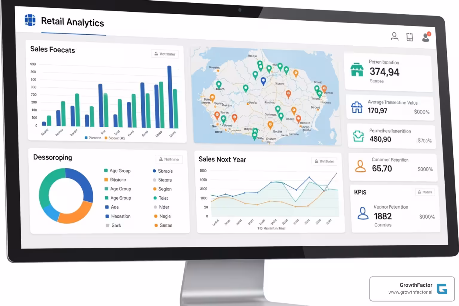 a retail analytics dashboard showing sales forecasts and customer demographics for different locations - predictive retail analytics