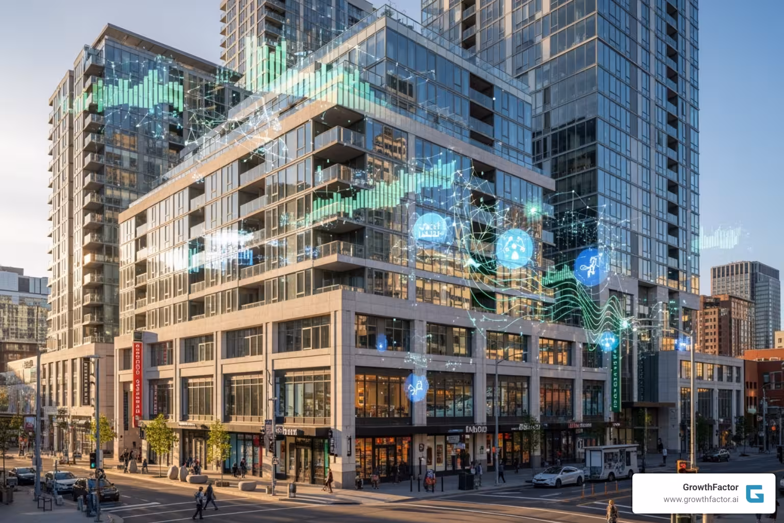 mixed-use development with data icons overlaid - real estate data insights