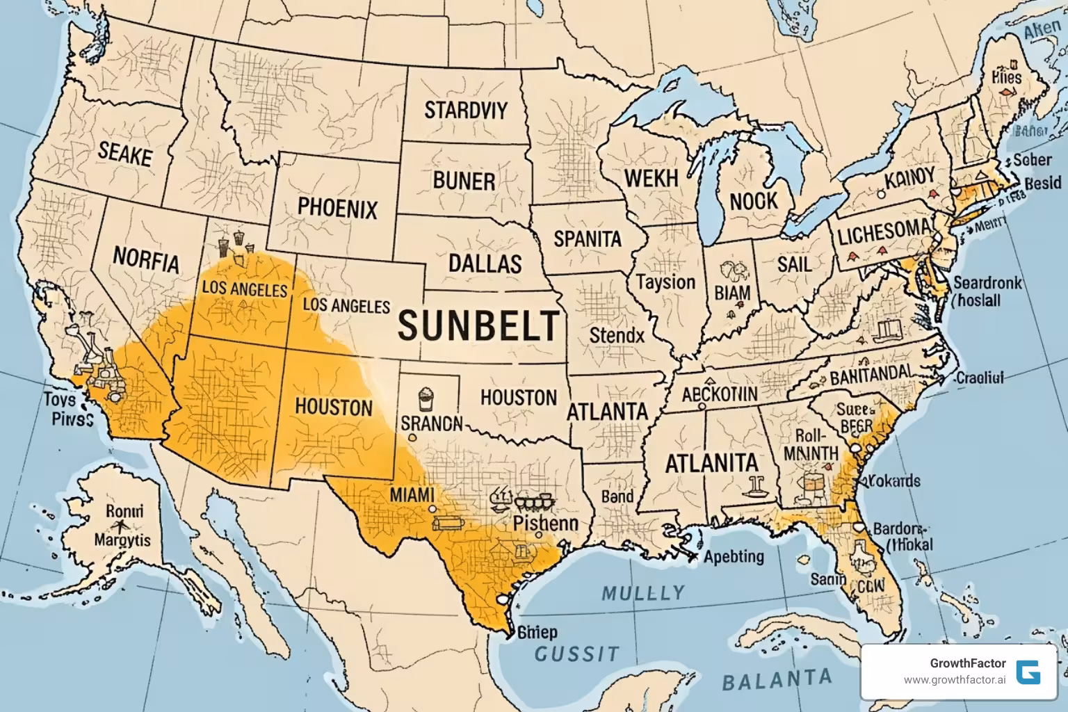 map of the United States highlighting growth in the Sunbelt region - Real estate development insights