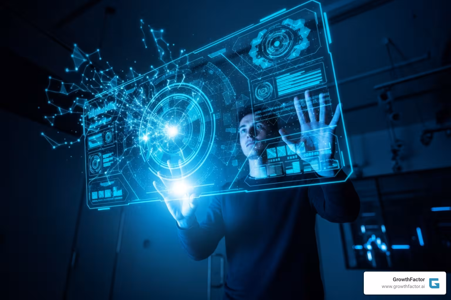 person interacting with holographic AI interface - real estate investment ai