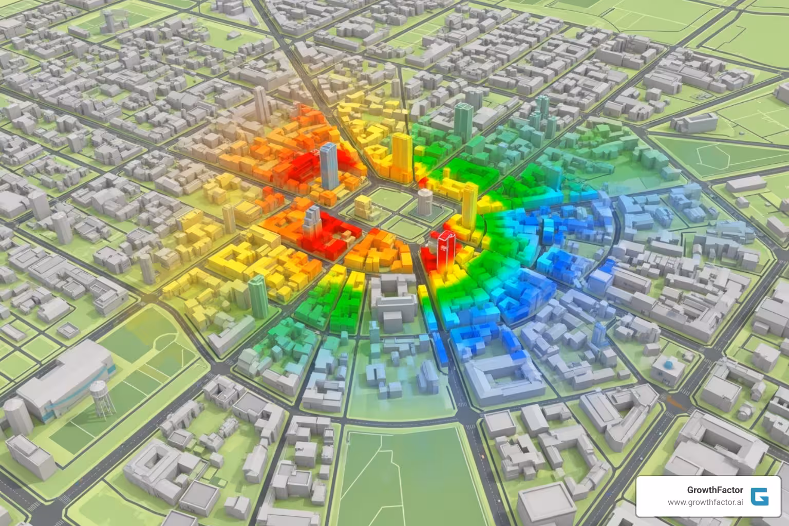 A stylized city map showing overlays of foot traffic density as heatmaps, highlighting popular areas and routes - Real-time foot traffic